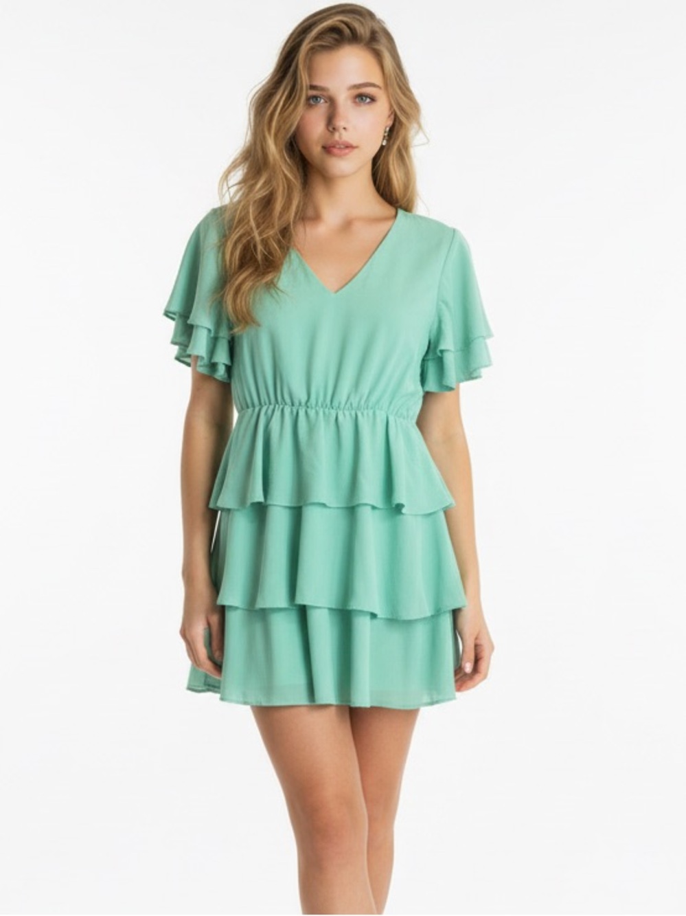 Pink Lily Women's Green Tiered Ruffle Mini Dress‎ Size L Casual